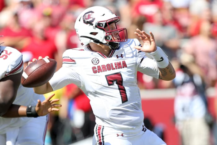 Sep 10, 2022; Fayetteville, Arkansas, USA; South Carolina Gamecocks quarterback Spencer Rattler (7) drops back to pass in the first quarter against the Arkansas Razorbacks at Donald W. Reynolds Razorback Stadium. Credit: Nelson Chenault-USA TODAY Sports